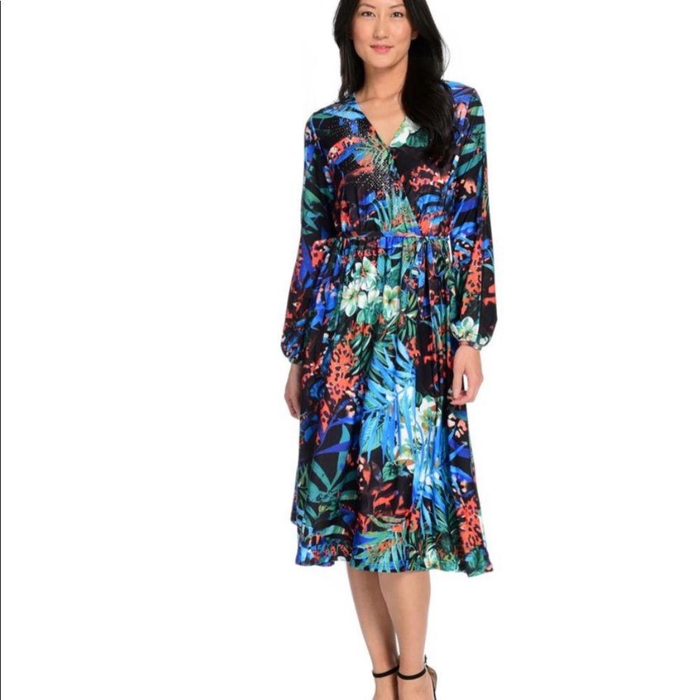 Allure Tropical Faux Wrap Dress Slit Lantern Sleeves Size Medium NWT